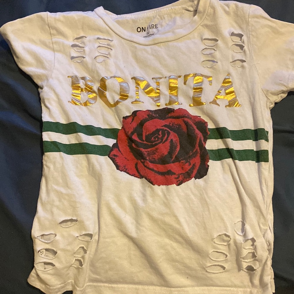 White T-shirt with Rose with intentional tears by the sleeves and at the bottom